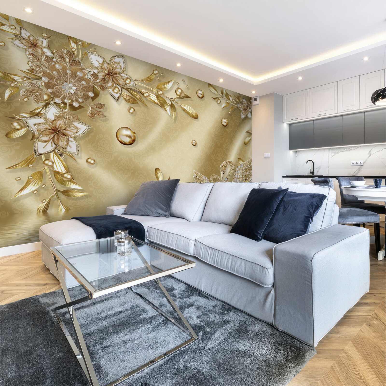 Фотошпалери камені, викладені у формі квітів і лебедів