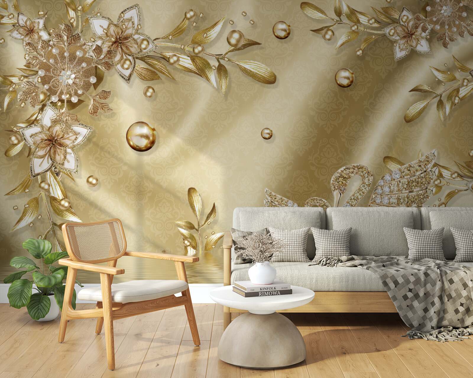 Фотошпалери камені, викладені у формі квітів і лебедів