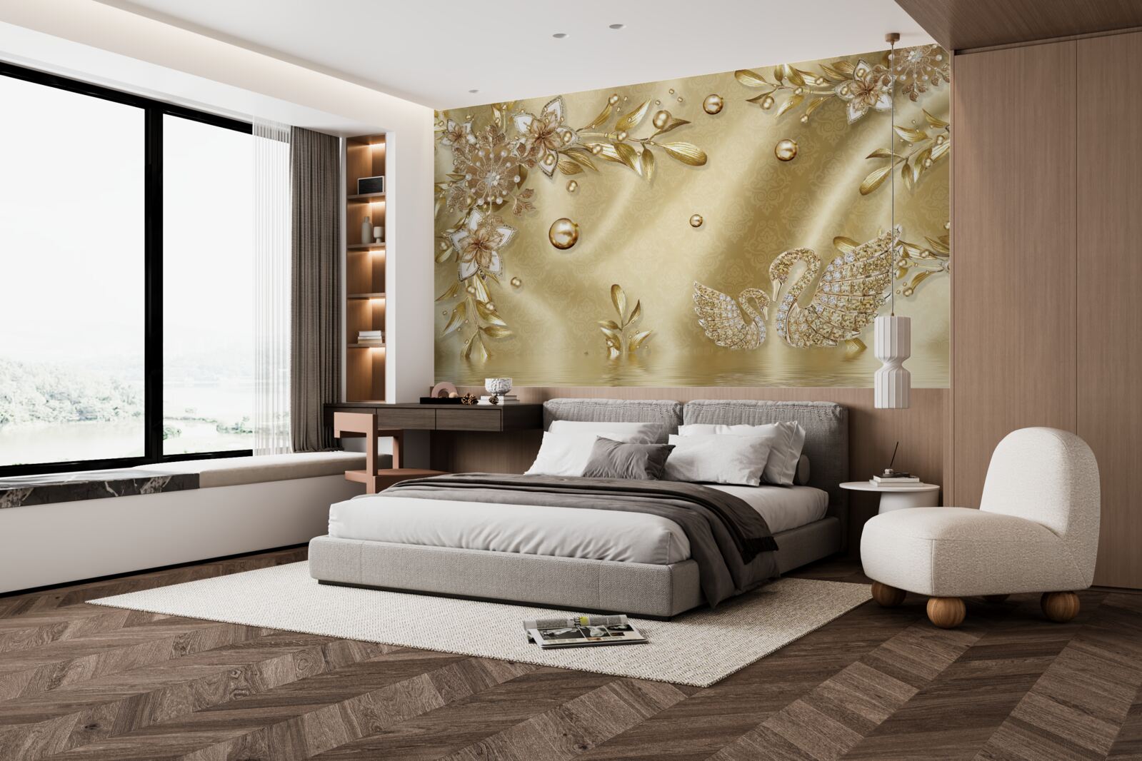 Фотошпалери камені, викладені у формі квітів і лебедів