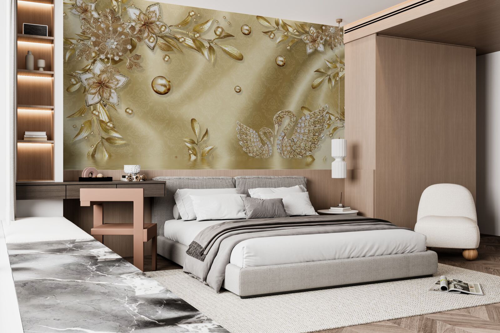 Фотошпалери камені, викладені у формі квітів і лебедів