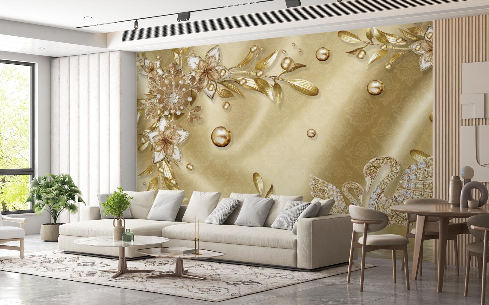 Фотошпалери камені, викладені у формі квітів і лебедів