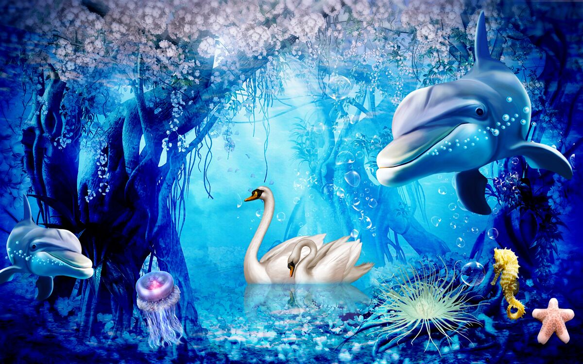 Фотошпалери Лебеді та дельфіни під водою