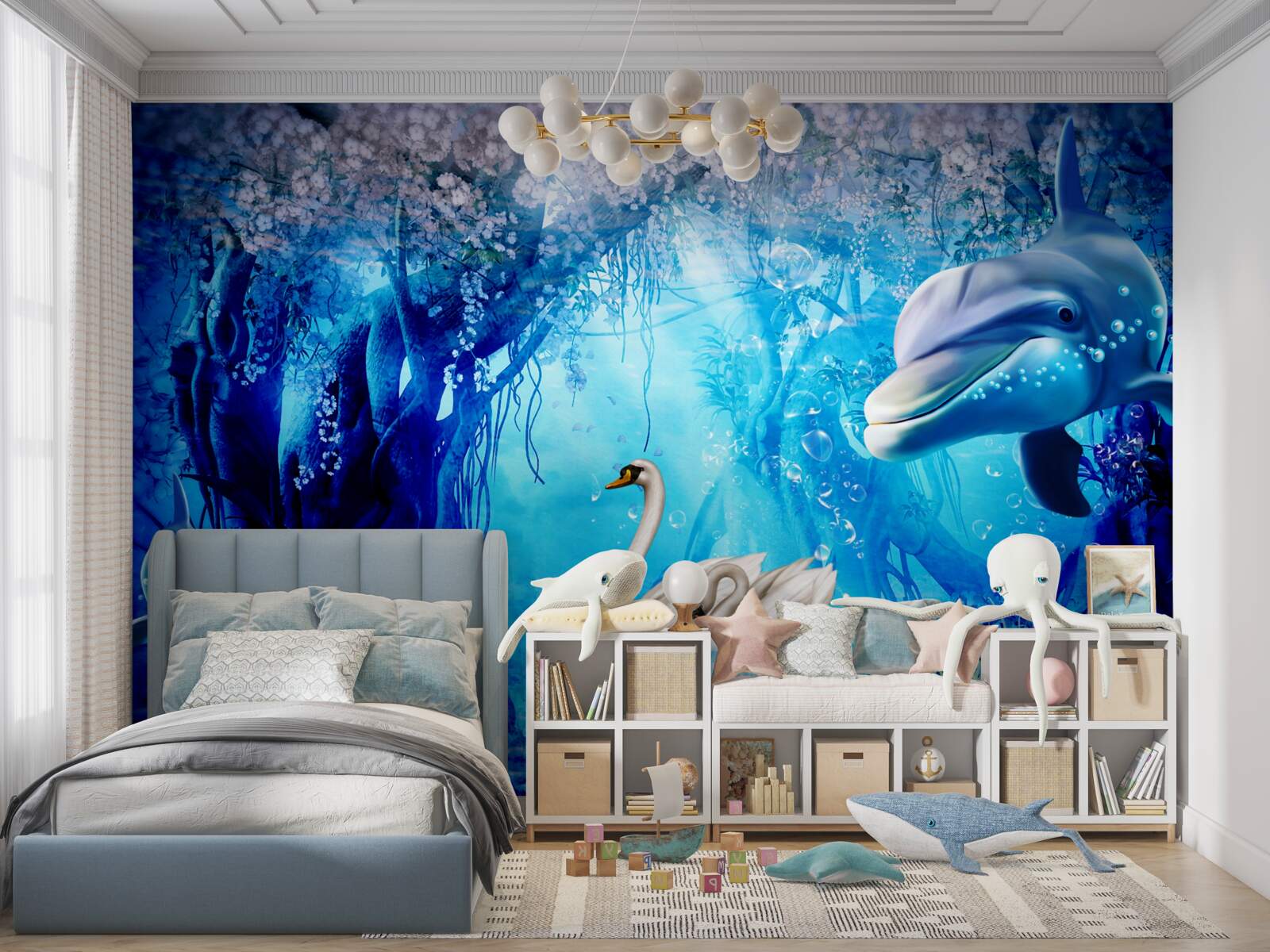 Фотошпалери Лебеді та дельфіни під водою