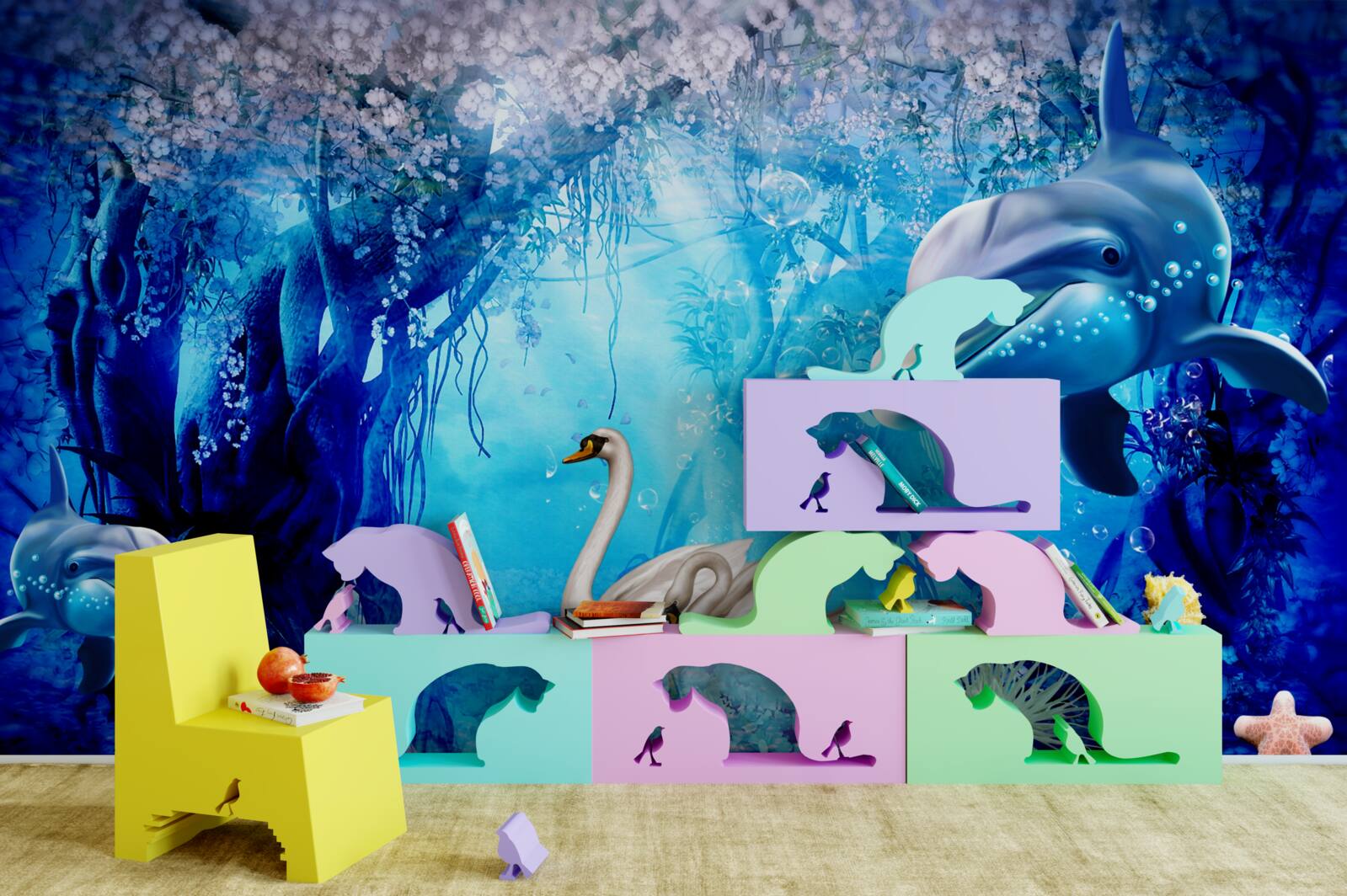 Фотошпалери Лебеді та дельфіни під водою