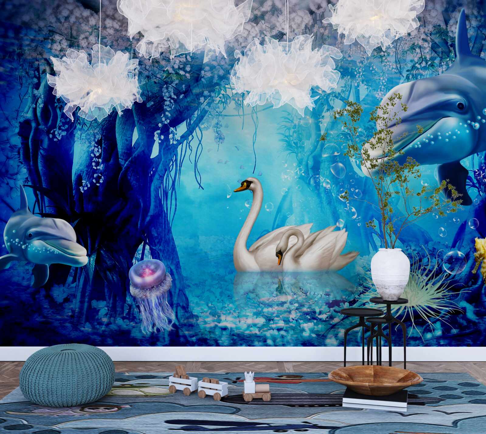 Фотошпалери Лебеді та дельфіни під водою