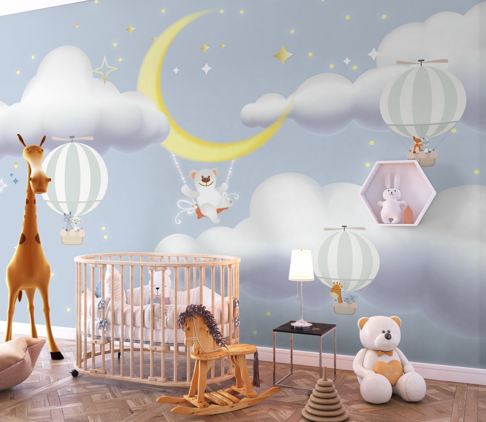 Фотошпалери ведмідь на місяці, а тварини в повітряних кульках, зроблених з повітря