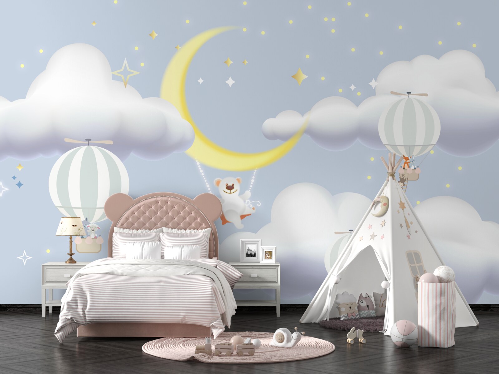 Фотошпалери ведмідь на місяці, а тварини в повітряних кульках, зроблених з повітря