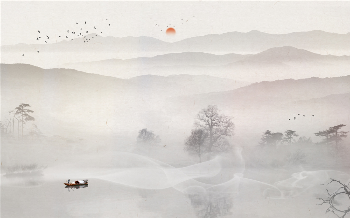 Фотошпалери ранковий світанок і самотній чоловік у човні