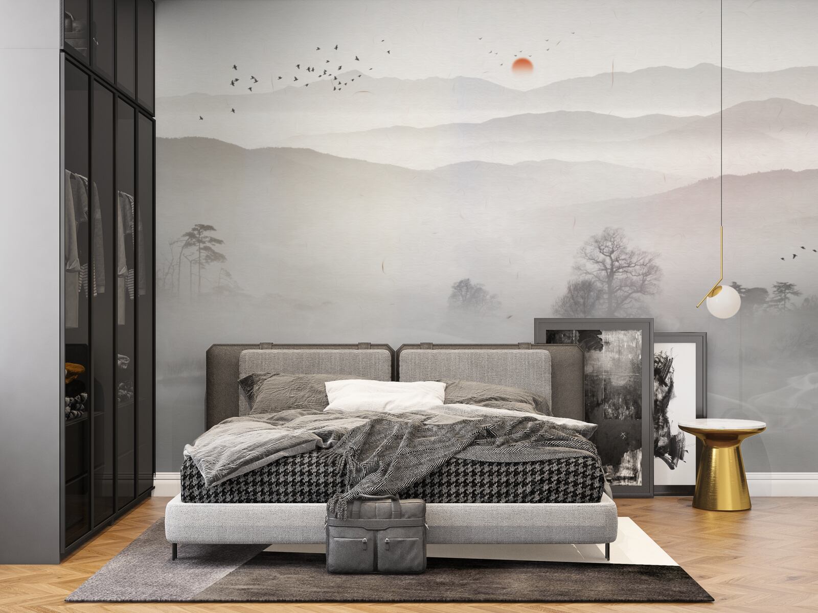 Фотошпалери ранковий світанок і самотній чоловік у човні