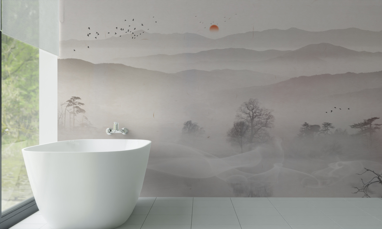 Фотошпалери ранковий світанок і самотній чоловік у човні