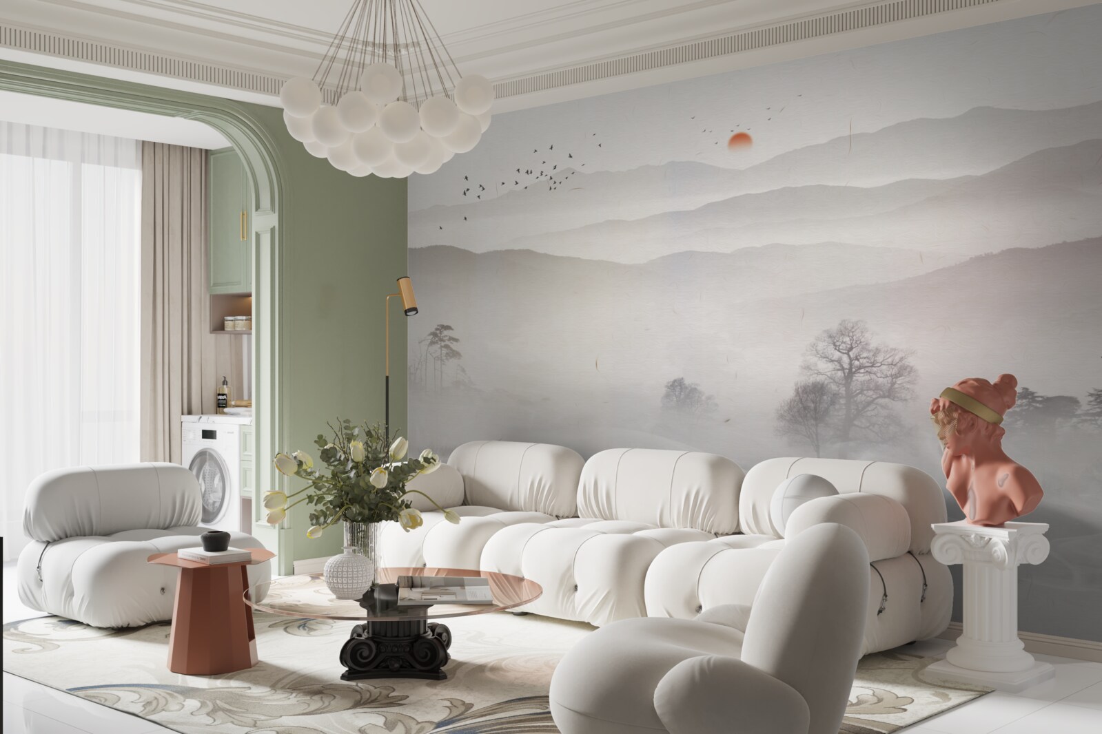 Фотошпалери ранковий світанок і самотній чоловік у човні