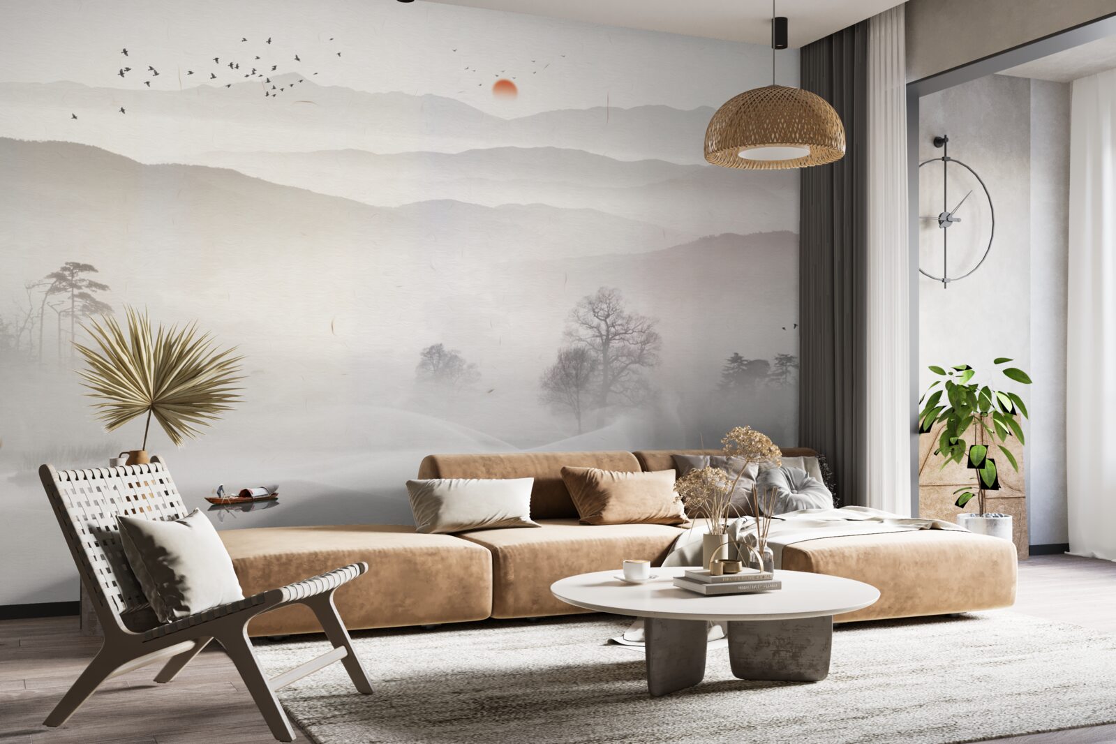 Фотошпалери ранковий світанок і самотній чоловік у човні