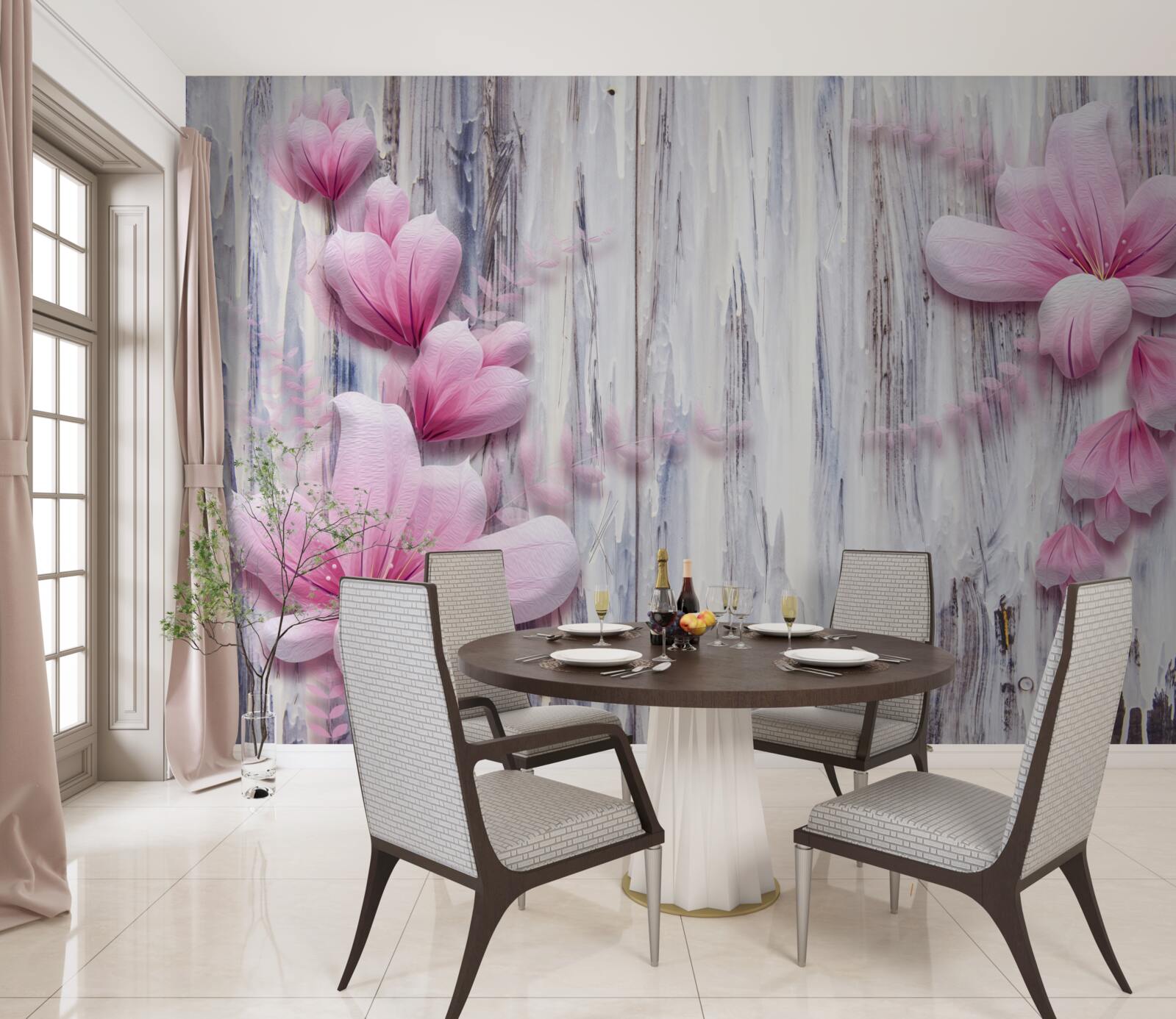 Фотошпалери рожеві квіти на стіні в різних відтінках