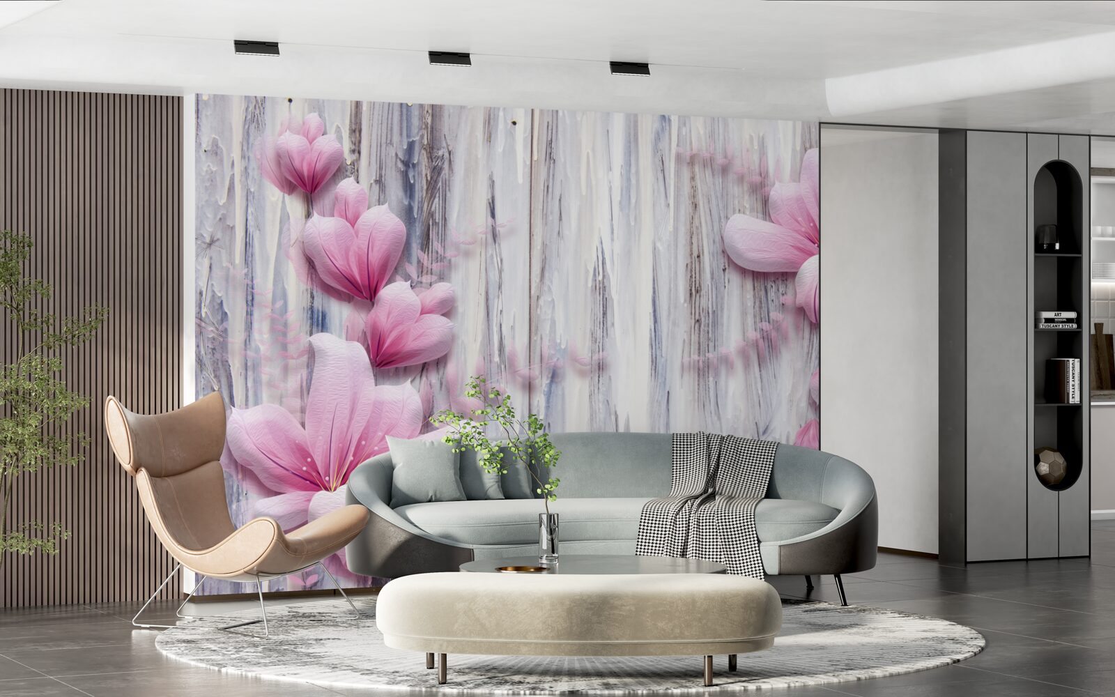 Фотошпалери рожеві квіти на стіні в різних відтінках