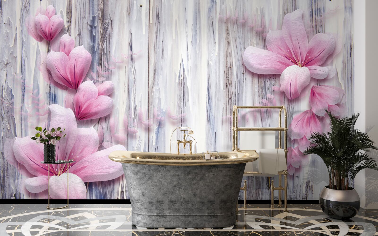 Фотошпалери рожеві квіти на стіні в різних відтінках
