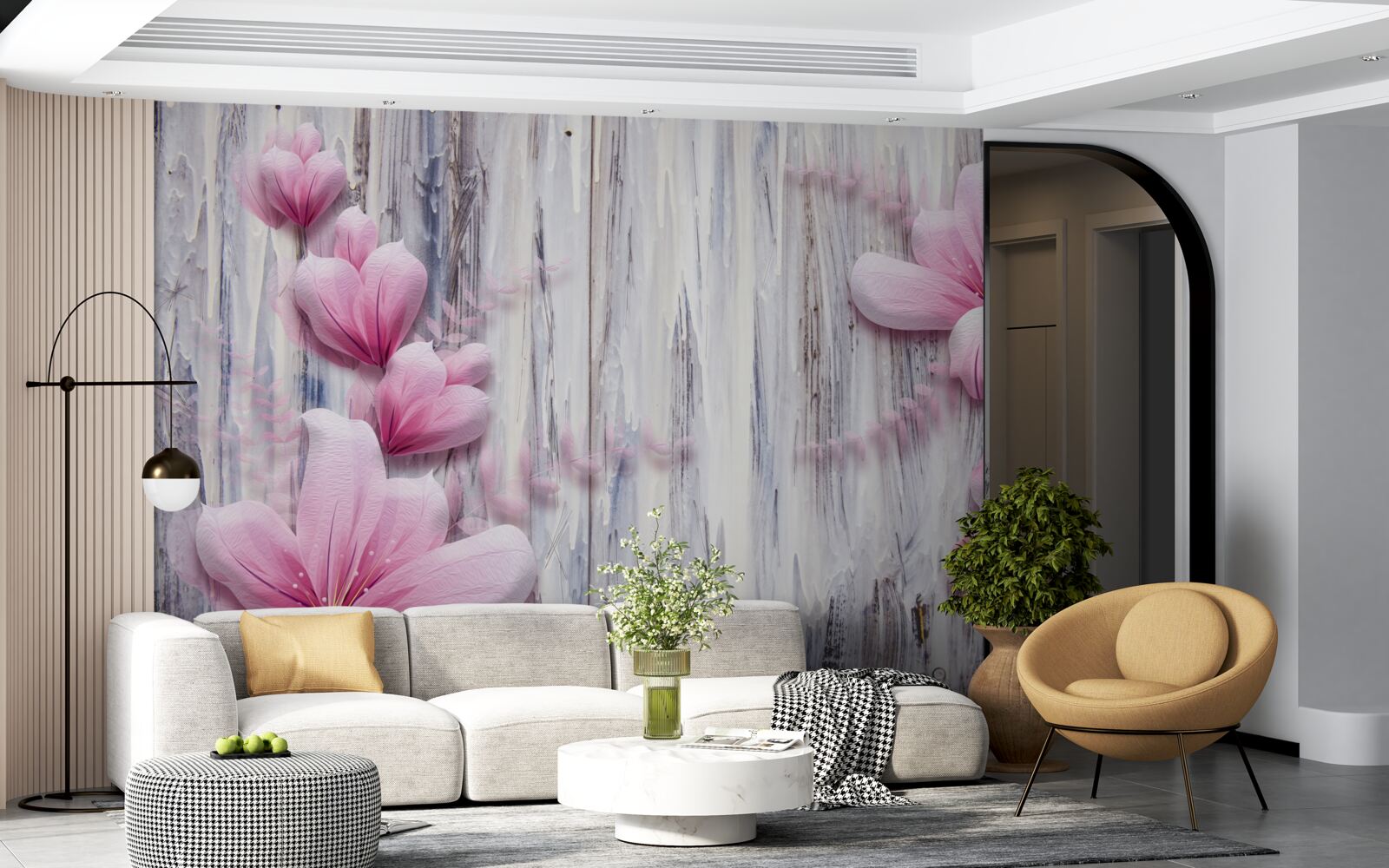 Фотошпалери рожеві квіти на стіні в різних відтінках