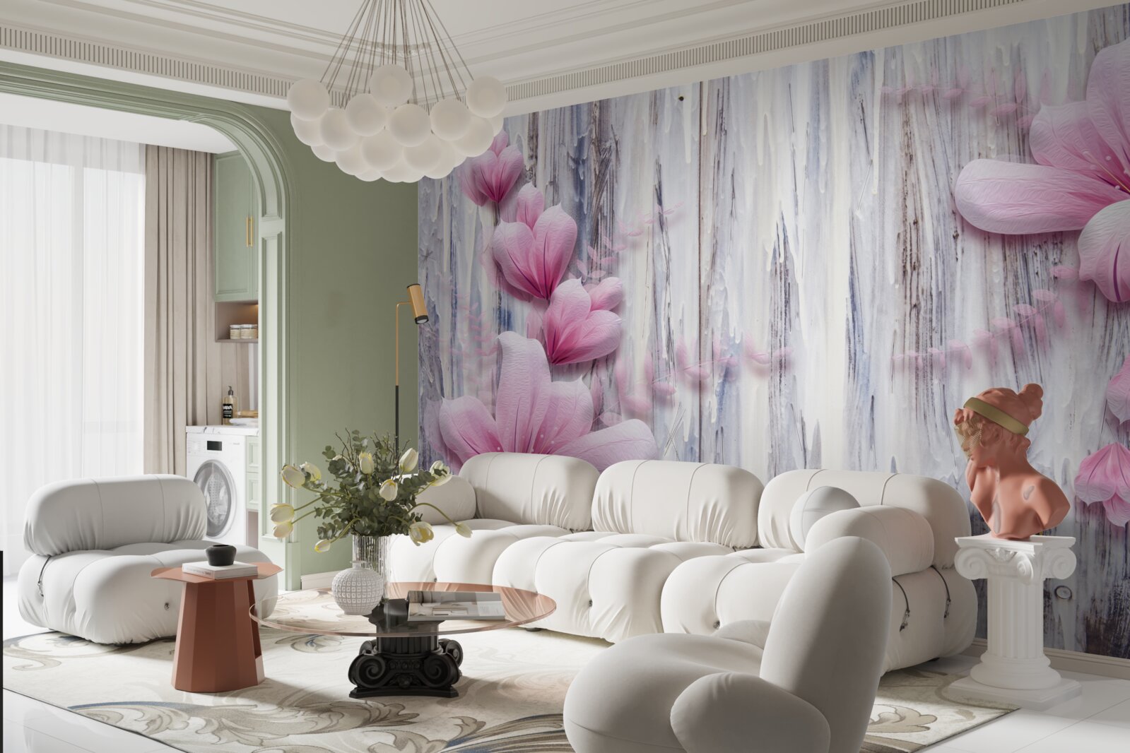 Фотошпалери рожеві квіти на стіні в різних відтінках