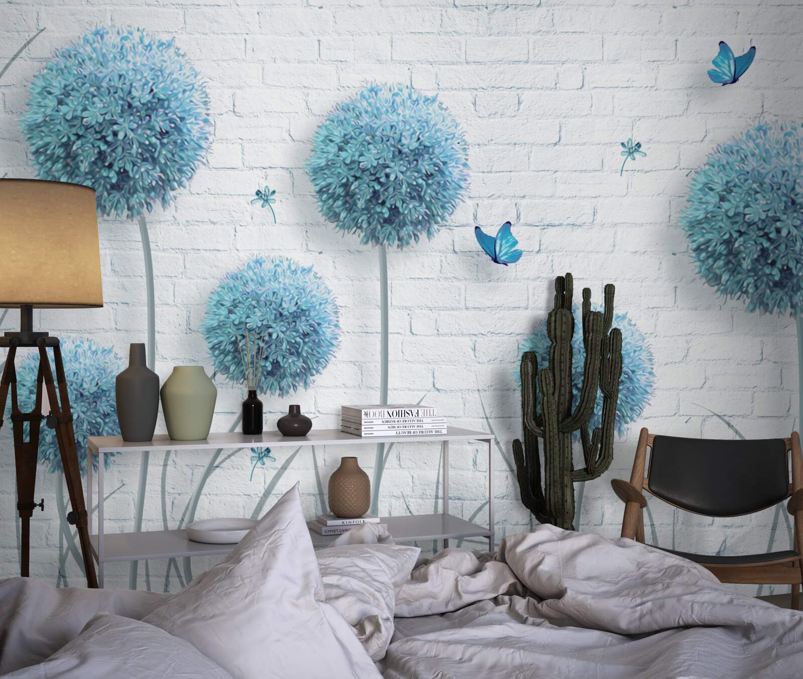 Фотошпалери сині круглі квіти на білій стіні