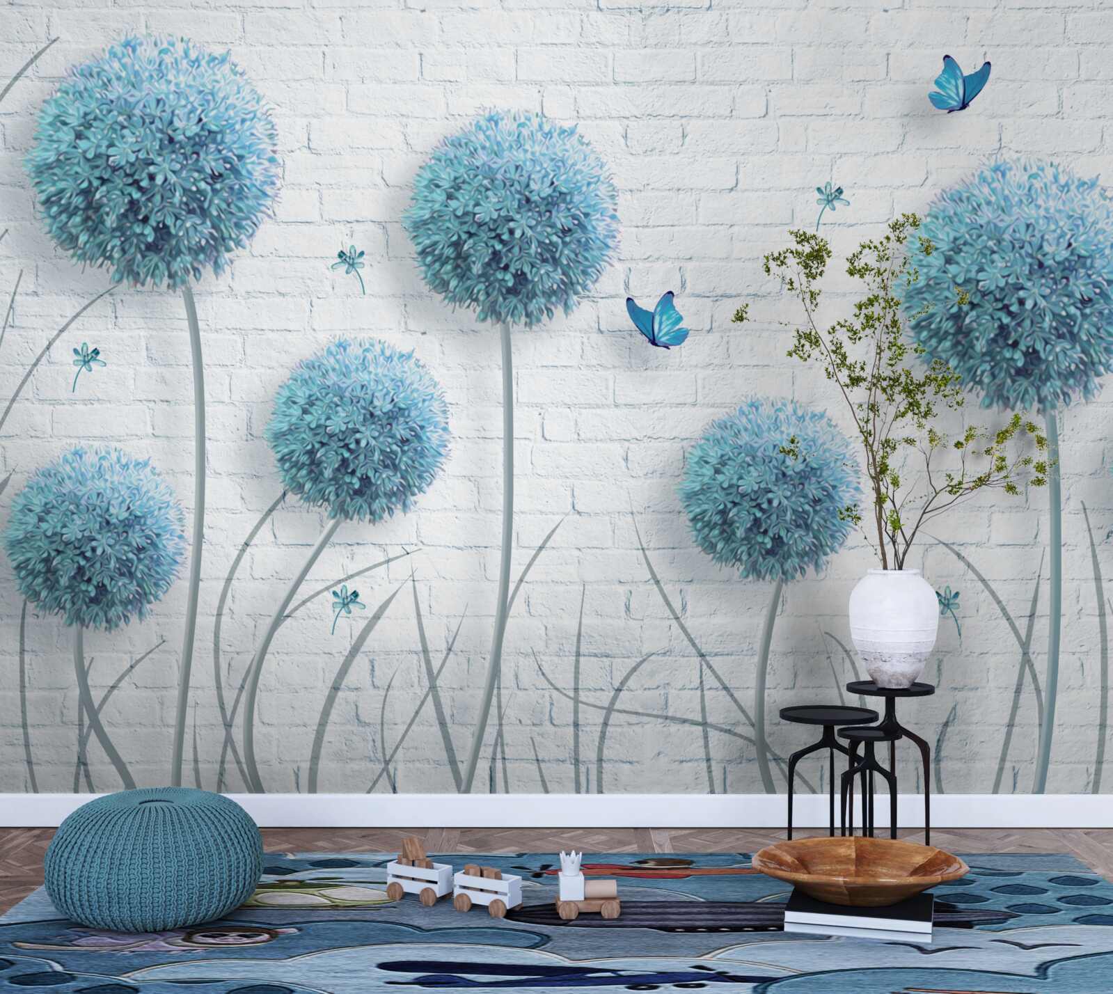 Фотошпалери сині круглі квіти на білій стіні