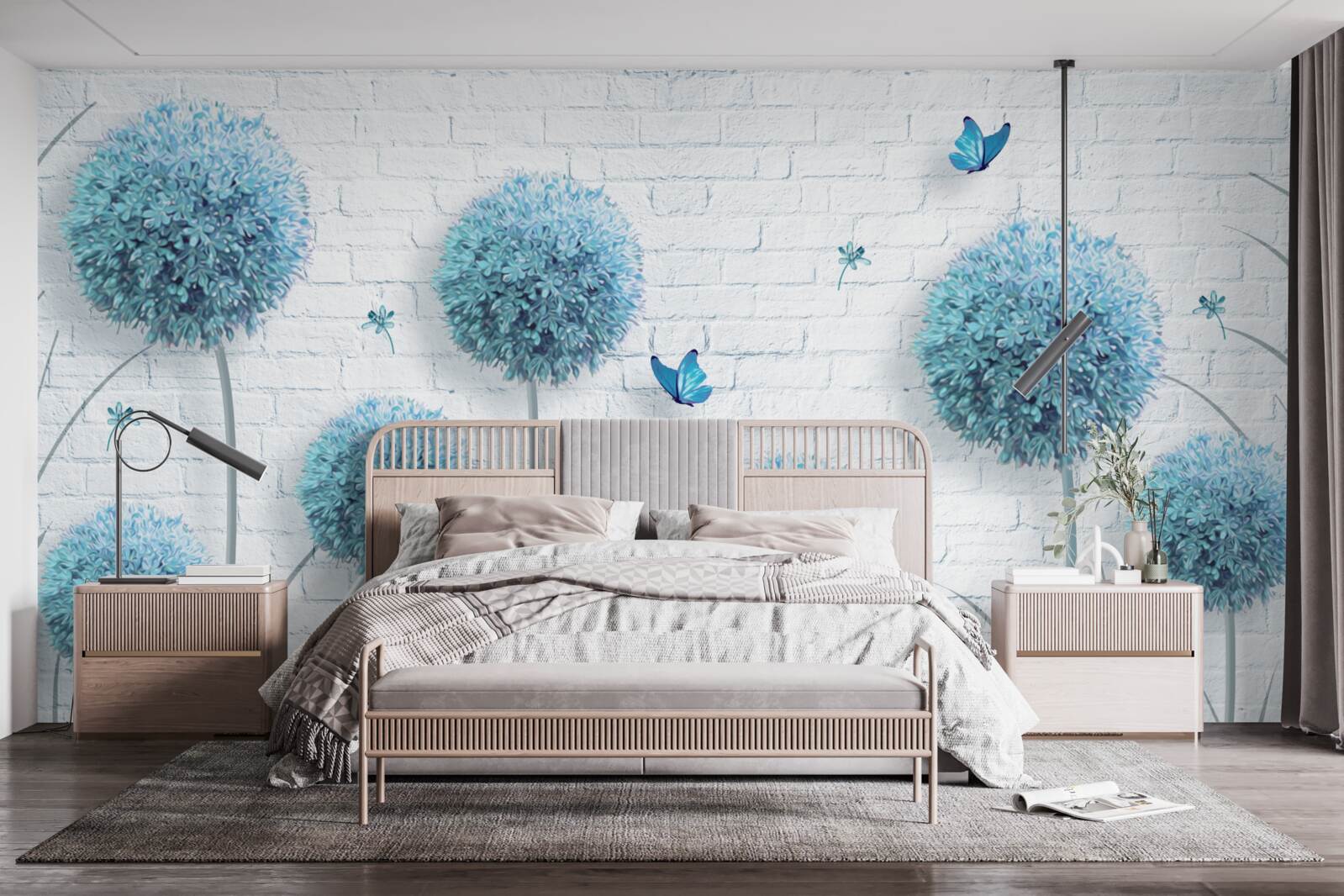 Фотошпалери сині круглі квіти на білій стіні