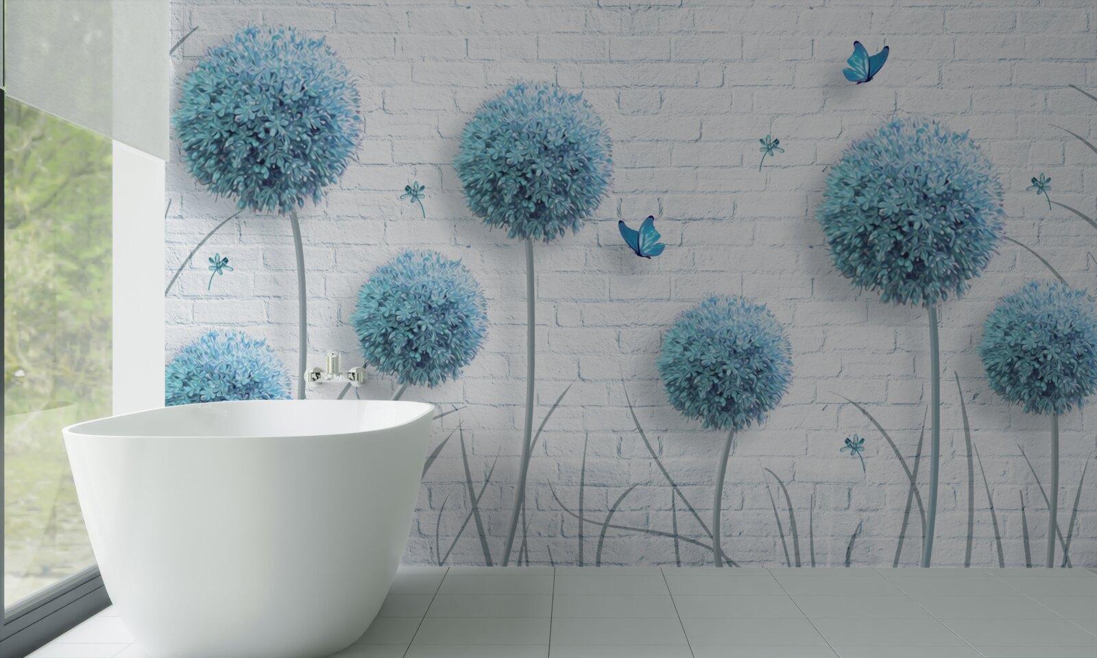 Фотошпалери сині круглі квіти на білій стіні