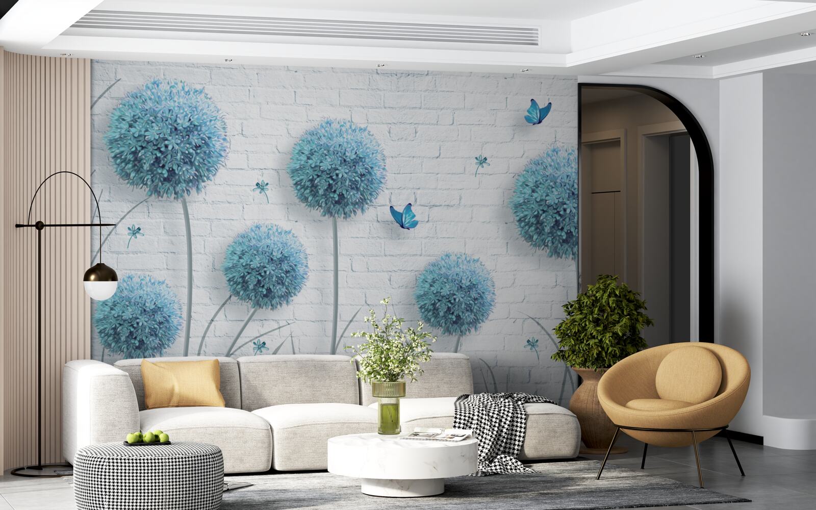 Фотошпалери сині круглі квіти на білій стіні