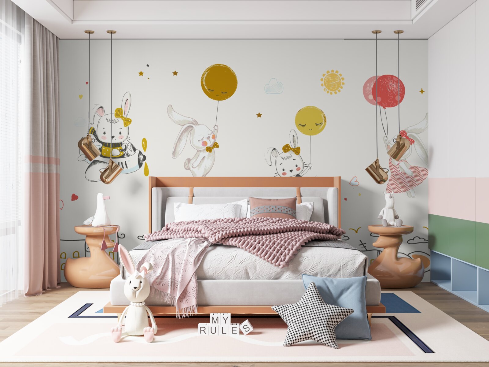 Фотошпалери зайчики кружляють над будинками