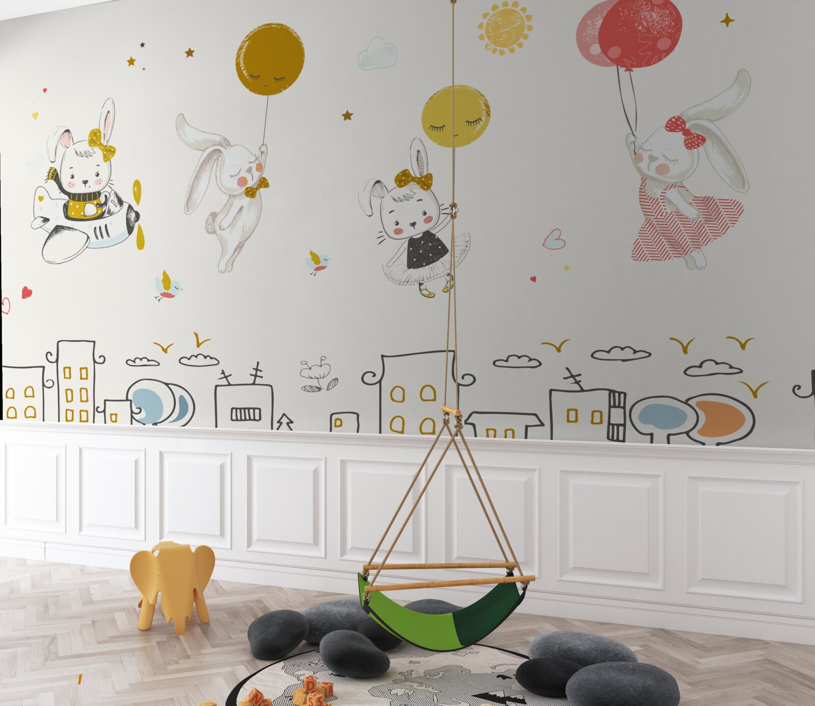 Фотошпалери зайчики кружляють над будинками