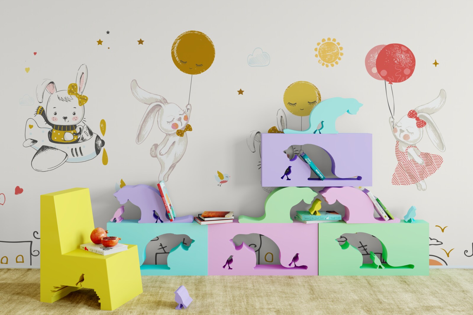 Фотошпалери зайчики кружляють над будинками