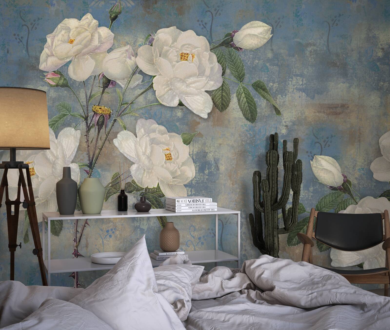 Фотошпалери білі троянди на блакитному тлі