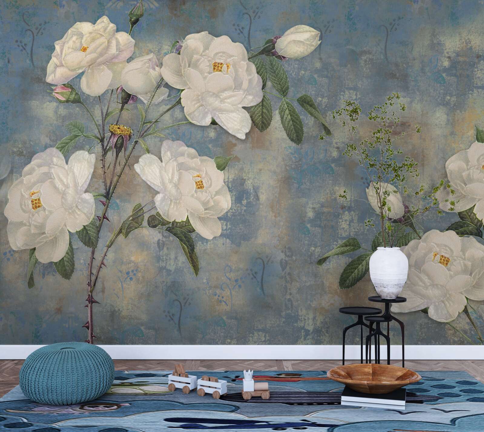 Фотошпалери білі троянди на блакитному тлі