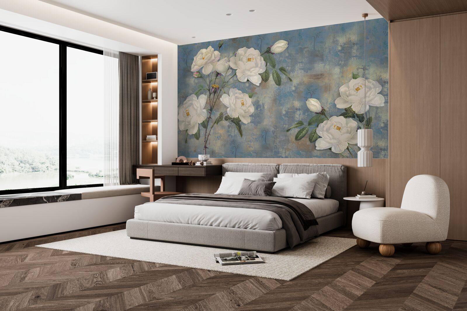 Фотошпалери білі троянди на блакитному тлі