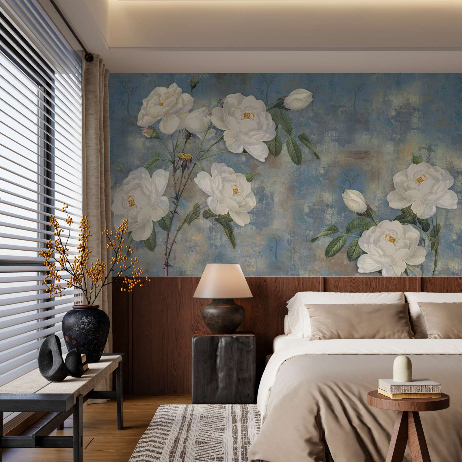 Фотошпалери білі троянди на блакитному тлі