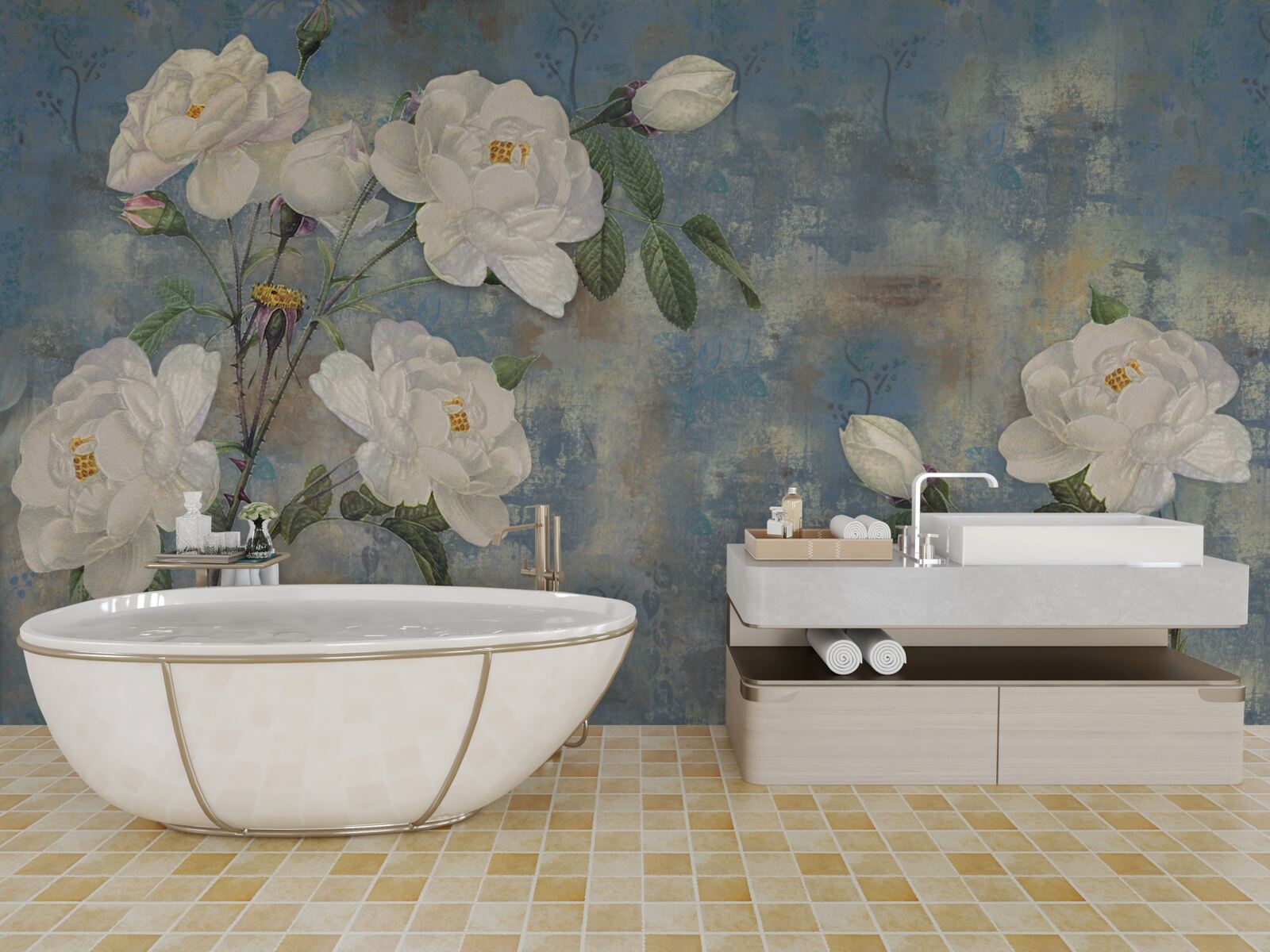 Фотошпалери білі троянди на блакитному тлі