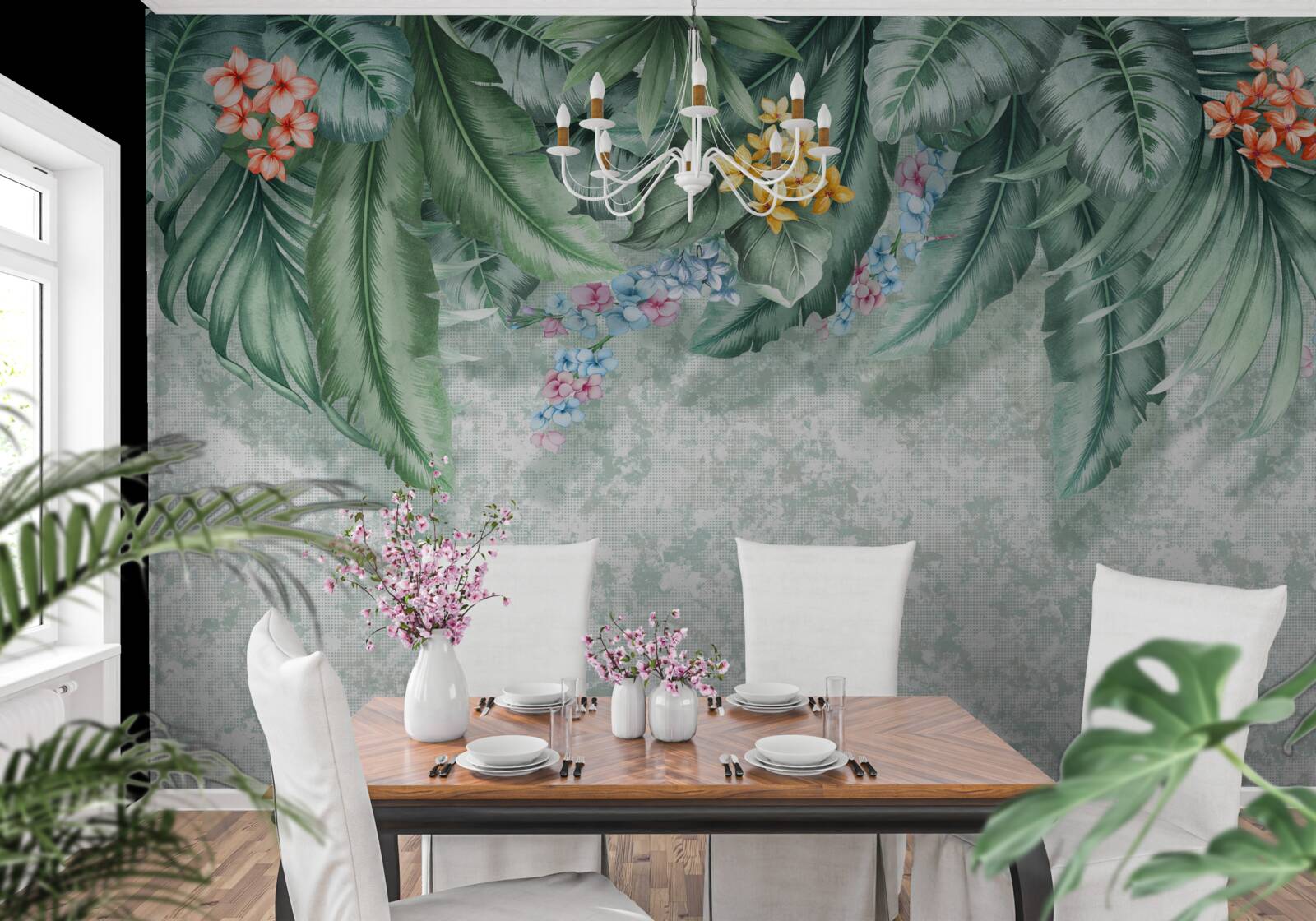 Фотошпалери зелене листя, прикрашене квітами