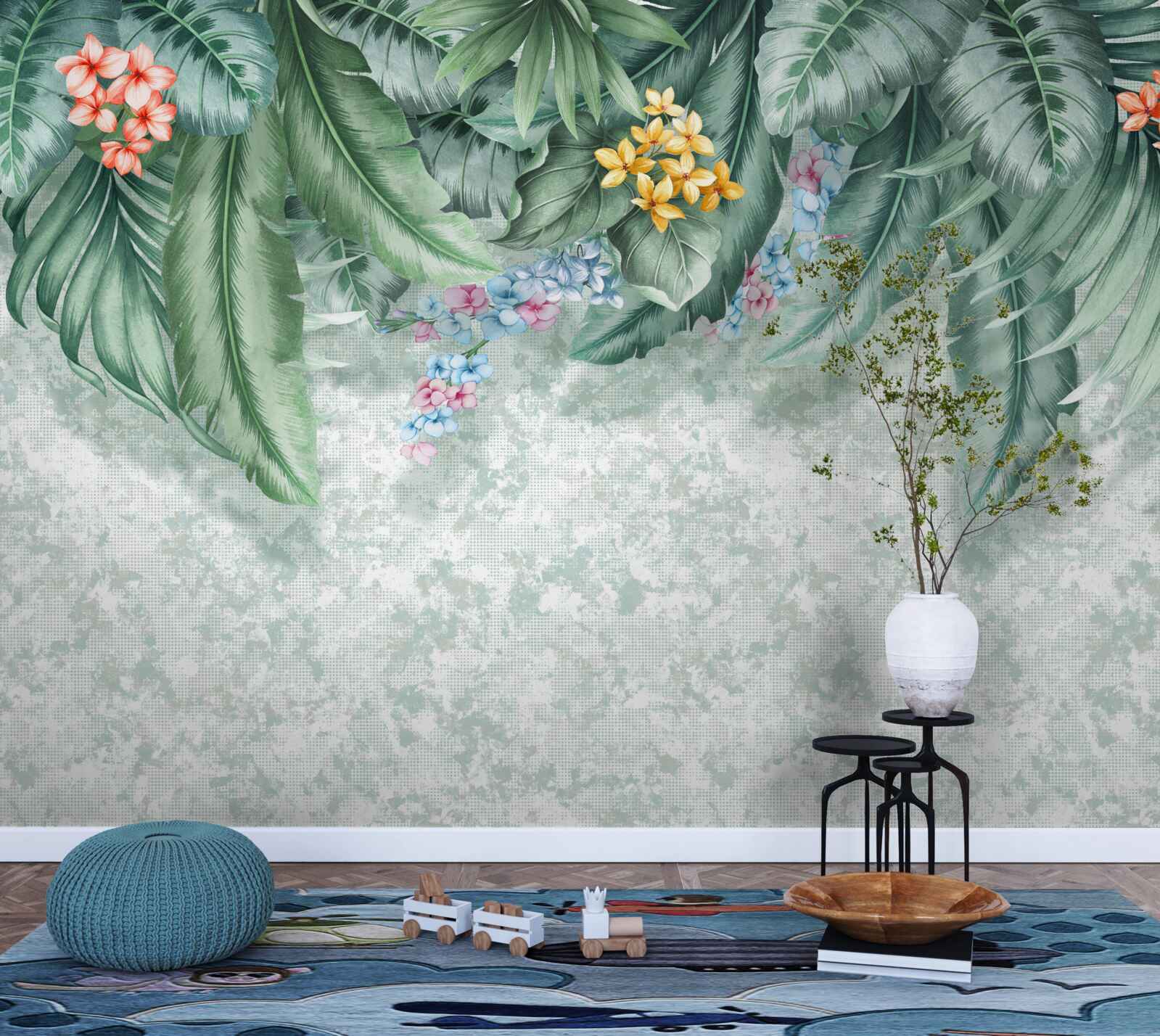 Фотошпалери зелене листя, прикрашене квітами