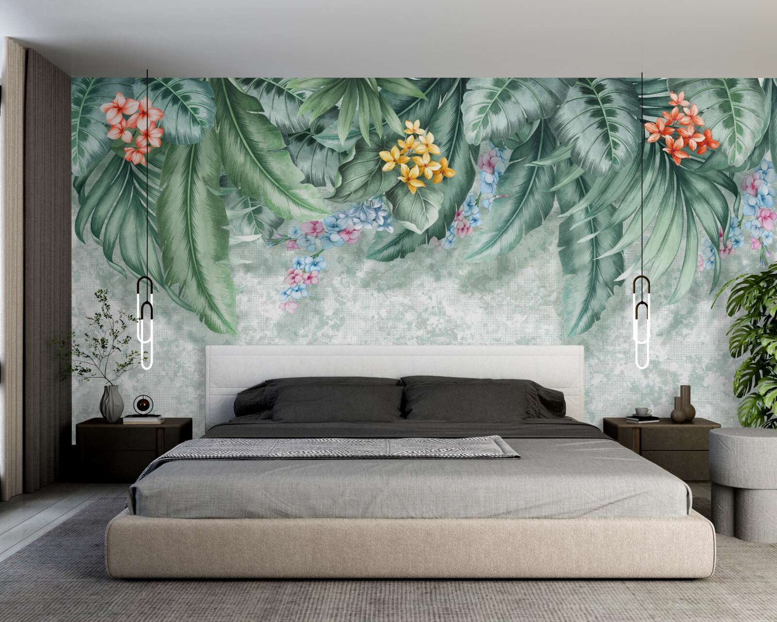 Фотошпалери зелене листя, прикрашене квітами