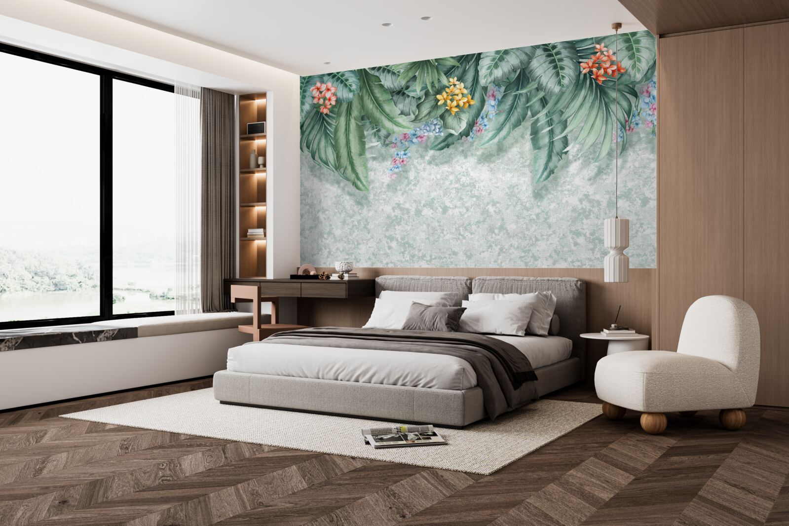 Фотошпалери зелене листя, прикрашене квітами