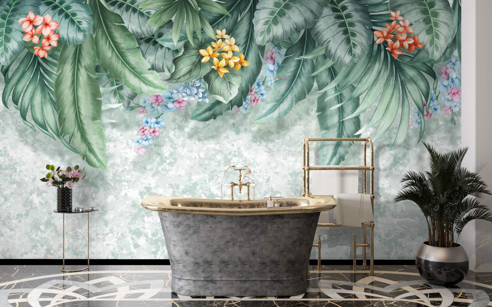 Фотошпалери зелене листя, прикрашене квітами