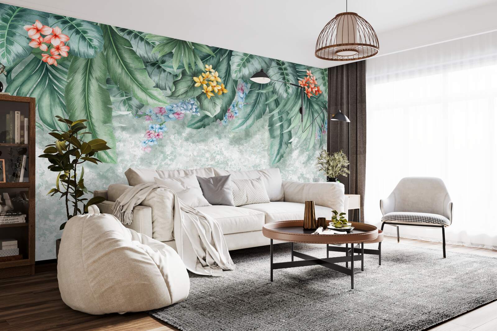 Фотошпалери зелене листя, прикрашене квітами