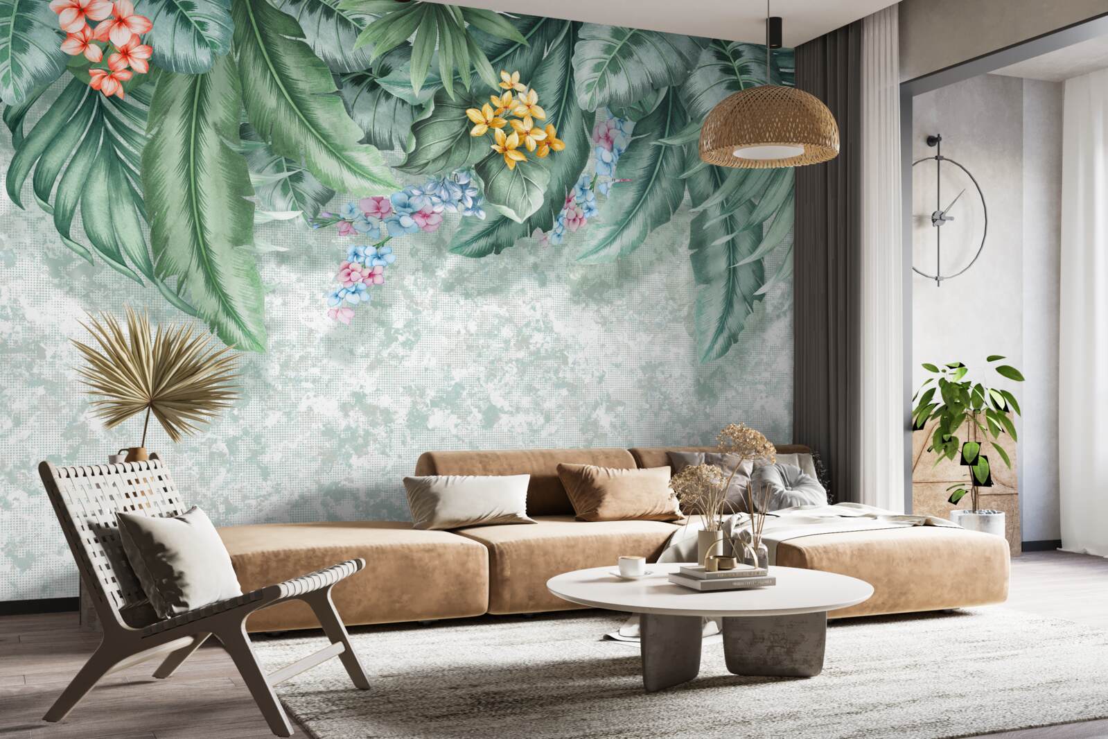 Фотошпалери зелене листя, прикрашене квітами