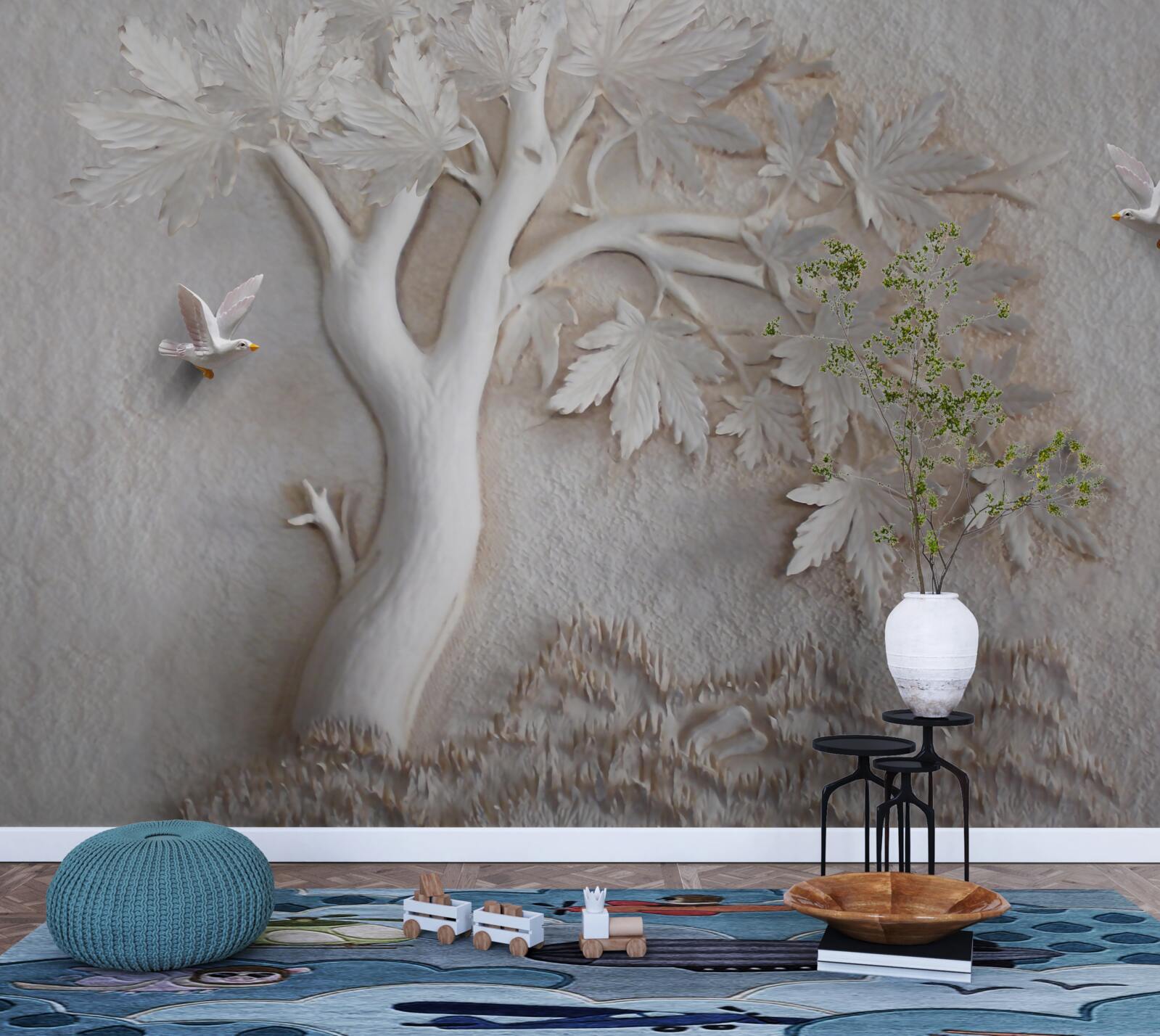 Фотошпалери тривимірне дерево та птахи