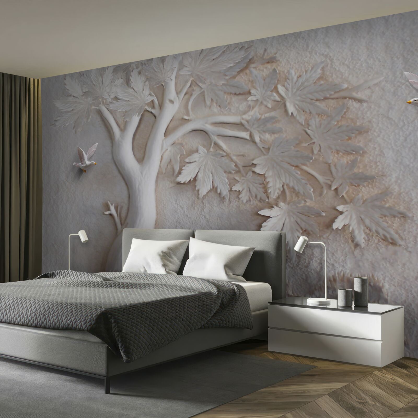 Фотошпалери тривимірне дерево та птахи
