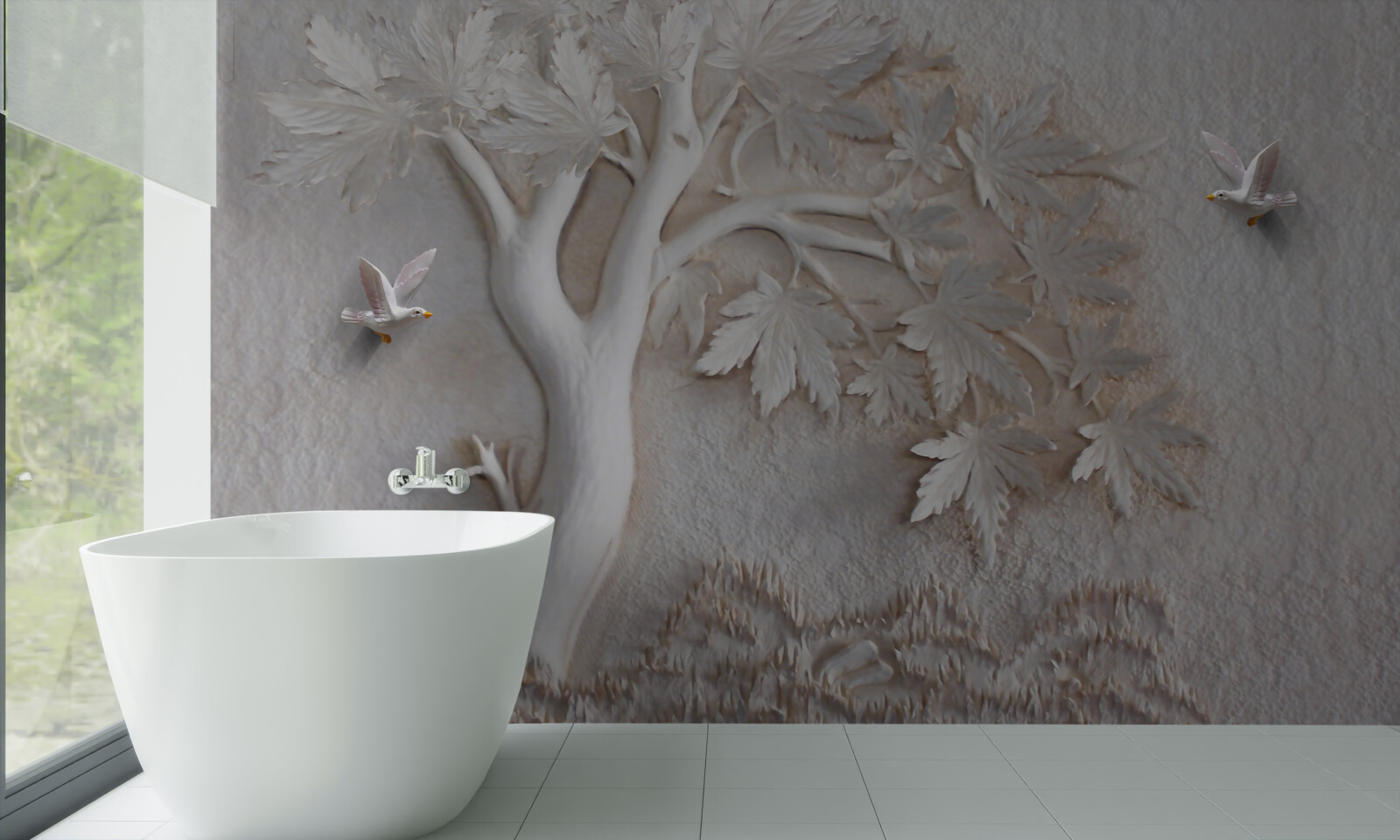 Фотошпалери тривимірне дерево та птахи