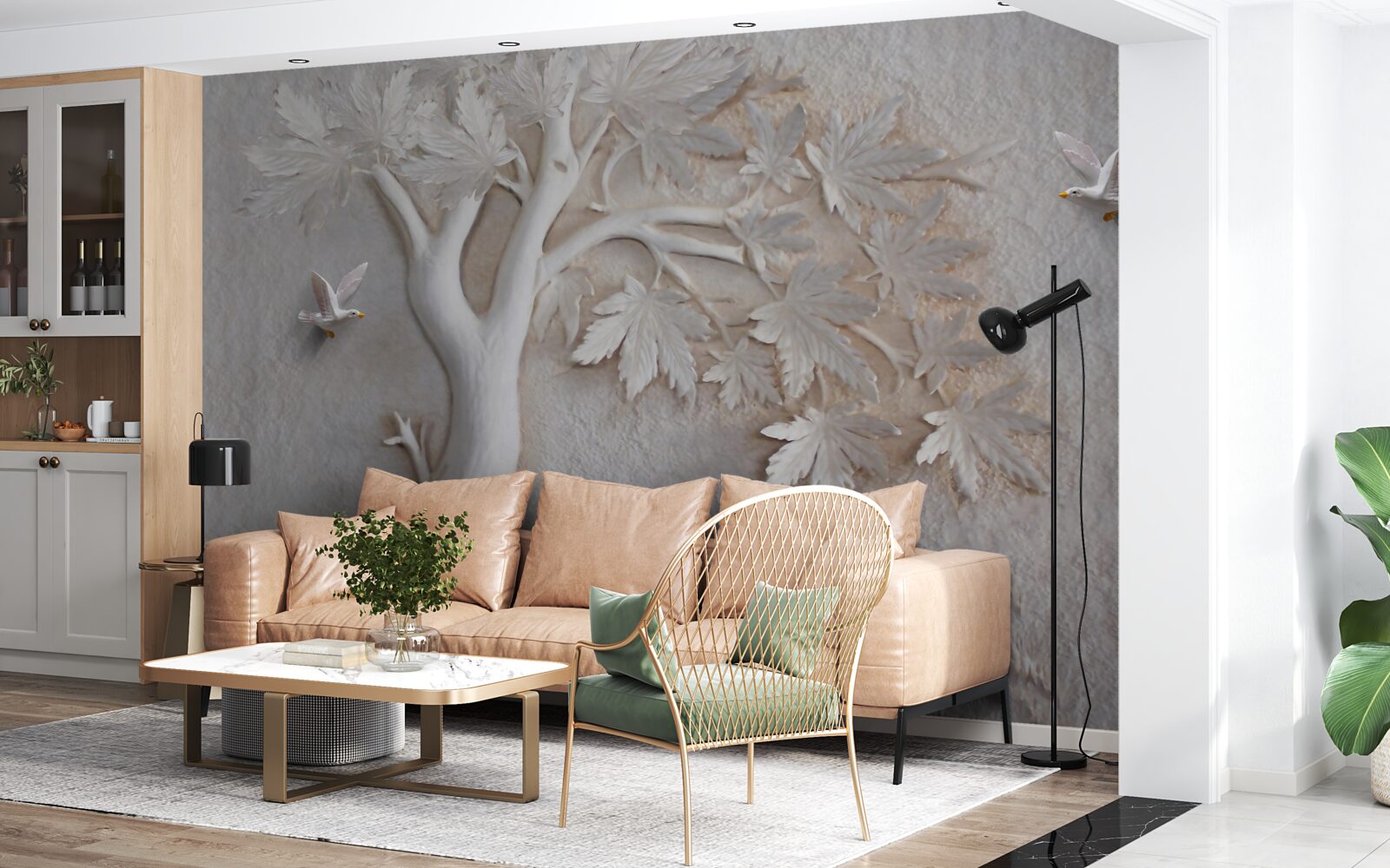 Фотошпалери тривимірне дерево та птахи