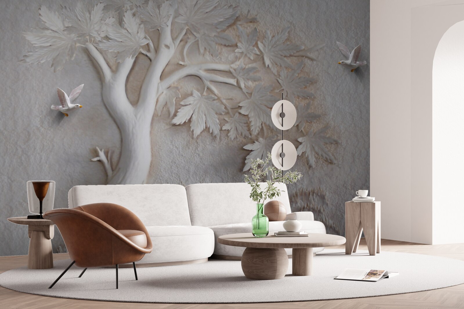 Фотошпалери тривимірне дерево та птахи