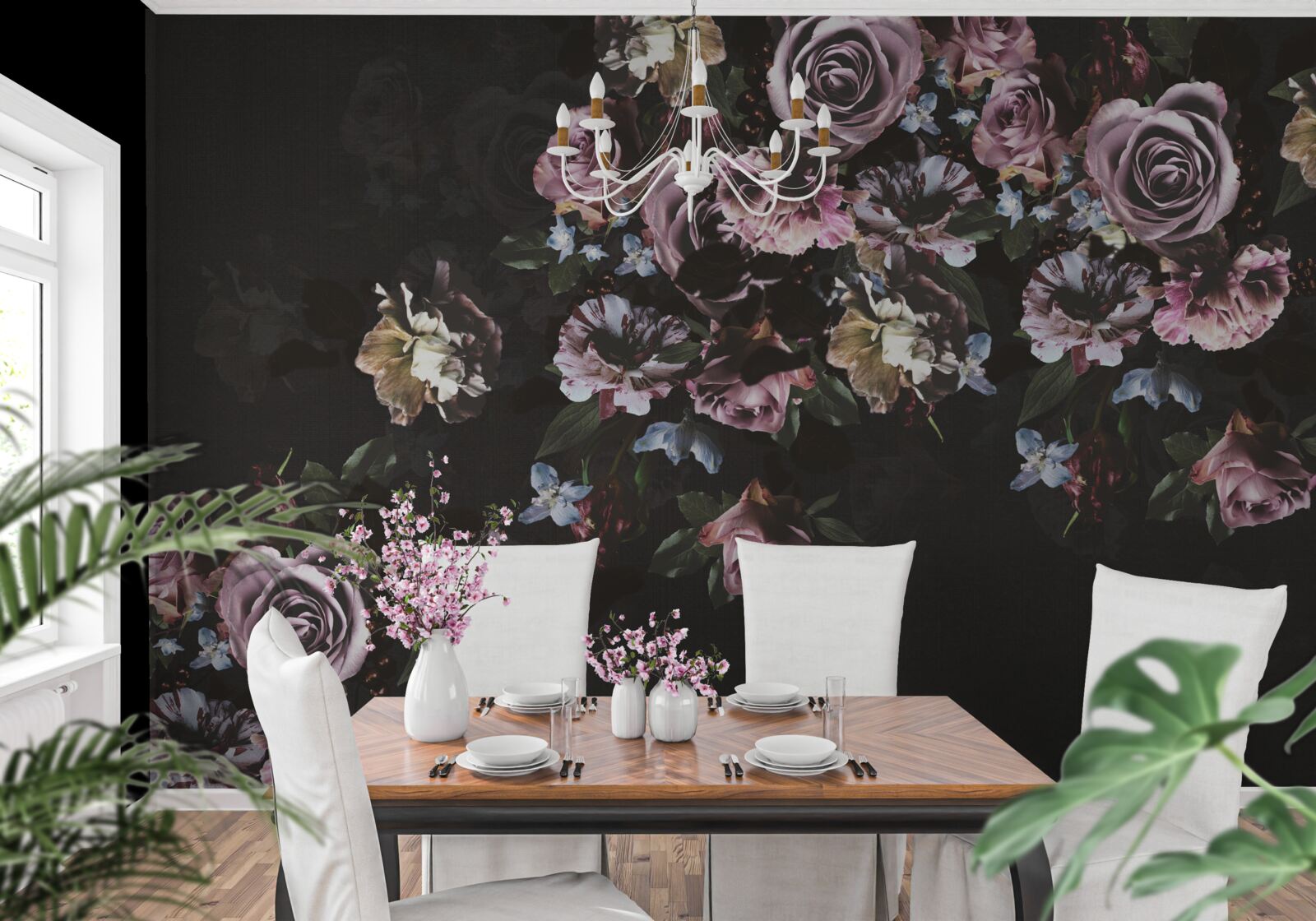 Фотошпалери рожеві квіти на чорному тлі