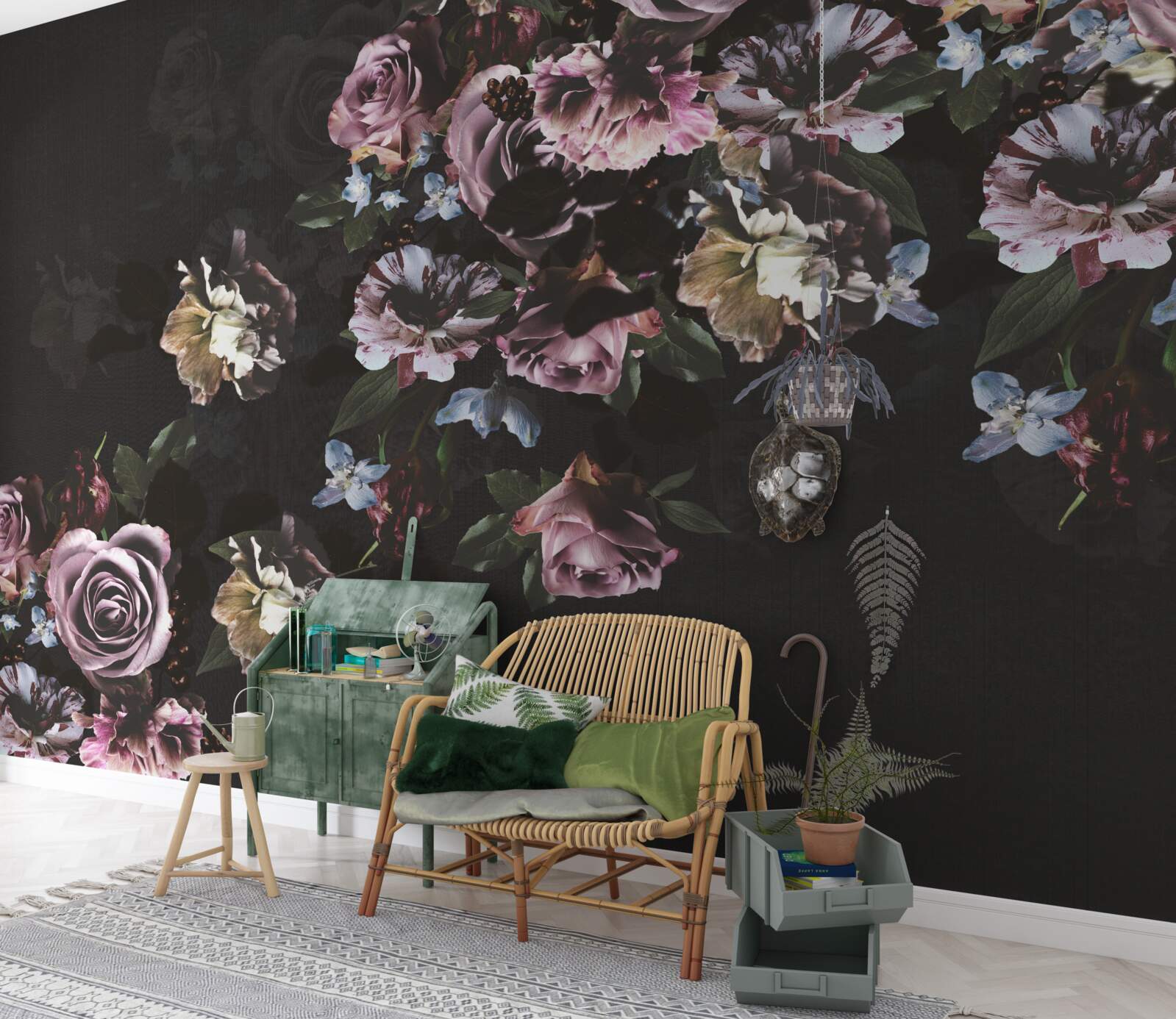 Фотошпалери рожеві квіти на чорному тлі