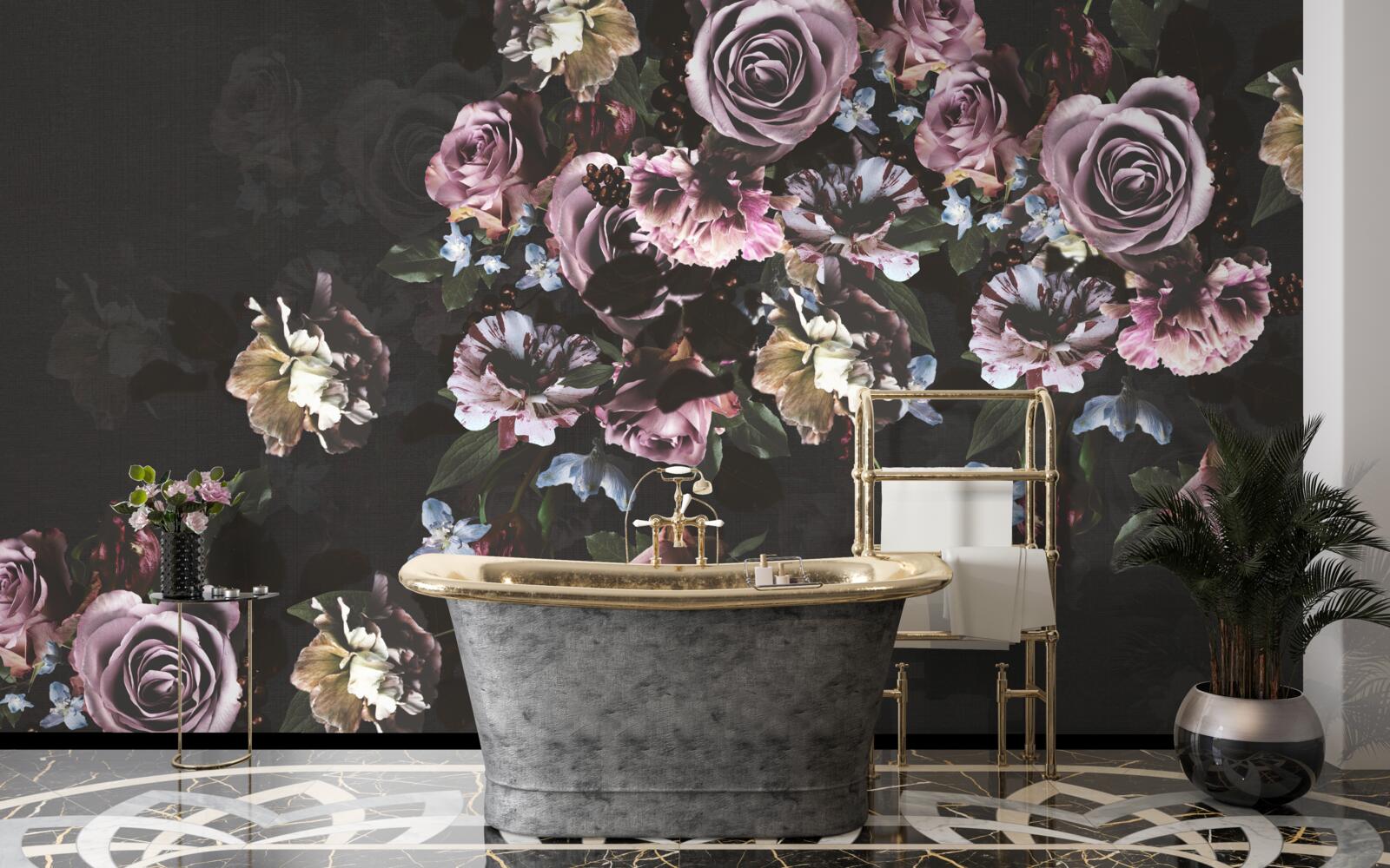 Фотошпалери рожеві квіти на чорному тлі