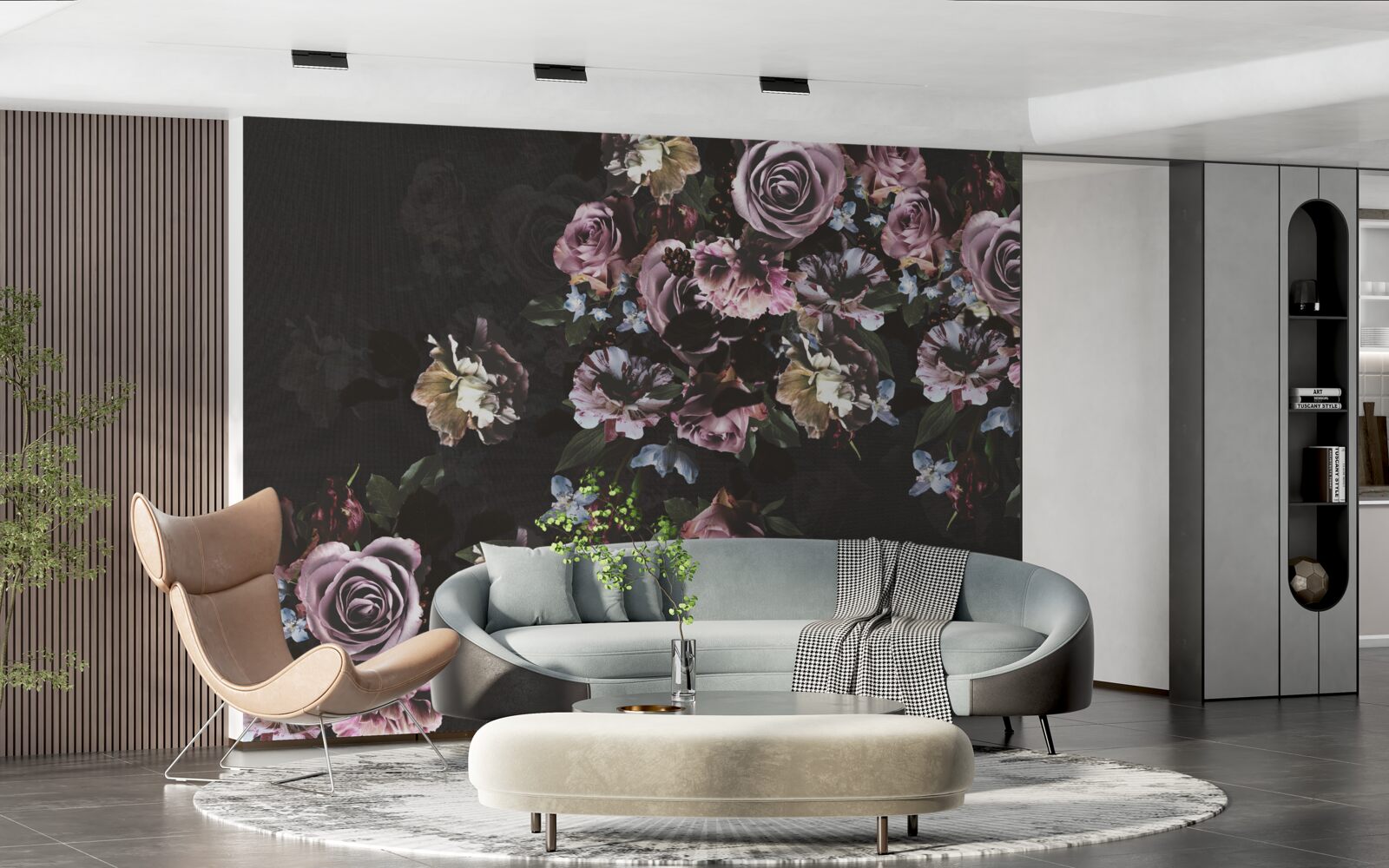 Фотошпалери рожеві квіти на чорному тлі